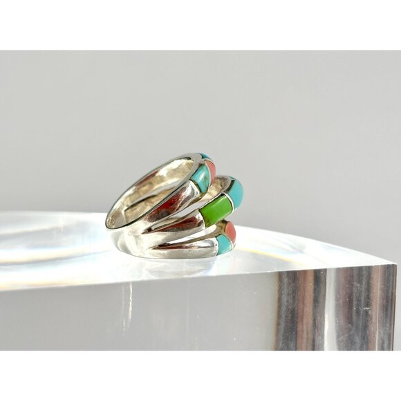Navajo Style Turquoise & Coral Inlay Shank Vintage Unisex Ring - sz 5 - Picture 3 of 10